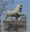 Large roaring lion permanently fixed on Municipal Bank sign
